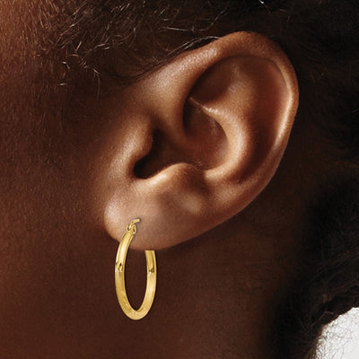 14K Satin and Diamond-cut Round Tube Hoop Earrings, 20 x 2mm