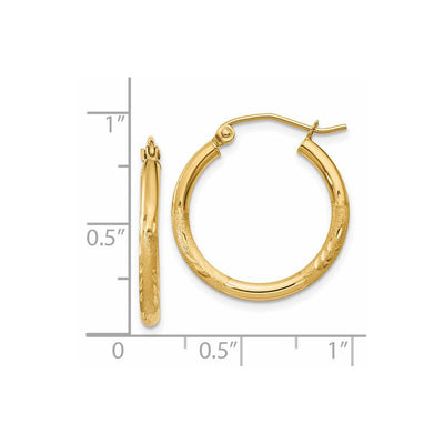 14K Satin and Diamond-cut Round Tube Hoop Earrings, 20 x 2mm