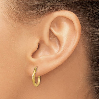 14K Satin and Diamond-cut Round Tube Hoop Earrings, 15 x 2mm