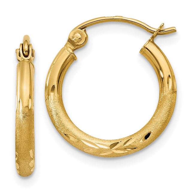 14k Satin and Diamond-cut Round Tube Hoop Earrings, 15 x 2mm