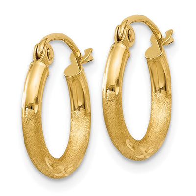 14K Satin and Diamond-cut Round Tube Hoop Earrings, 13 x 2mm