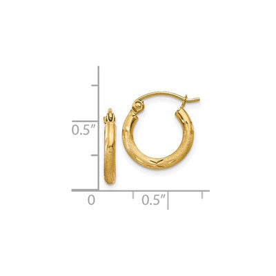 14K Satin and Diamond-cut Round Tube Hoop Earrings, 13 x 2mm