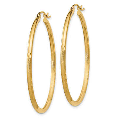 14K Satin and Diamond-cut Round Tube Hoop Earrings, 40 x 2mm