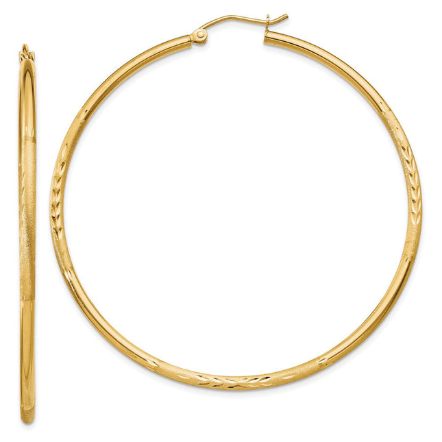14k Satin and Diamond-cut Round Tube Hoop Earrings, 55 x 2mm