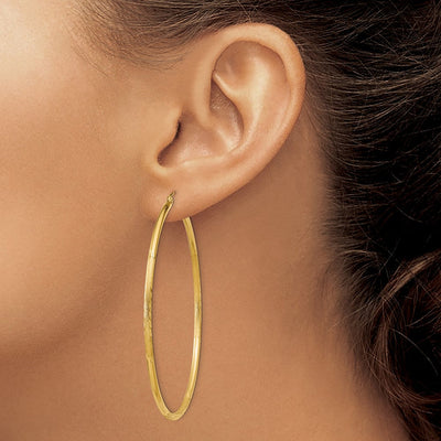 14K Satin and Diamond-cut Round Tube Hoop Earrings, 60 x 2mm