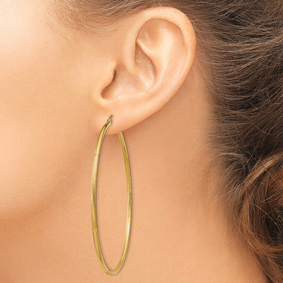 14K Satin and Diamond-cut Round Tube Hoop Earrings, 65 x 2mm