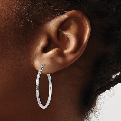 14K White Gold Diamond-cut Round Tube Hoop Earrings, 30 x 2mm