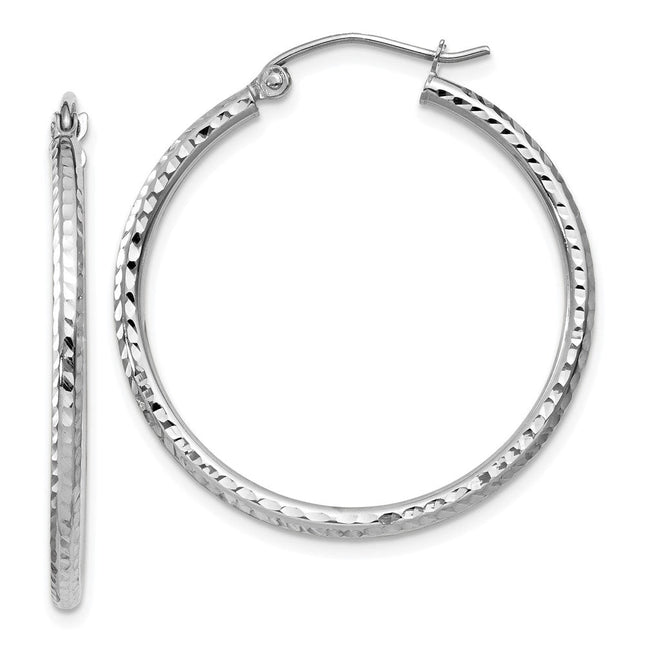 14k White Gold Diamond-cut Round Tube Hoop Earrings, 30 x 2mm