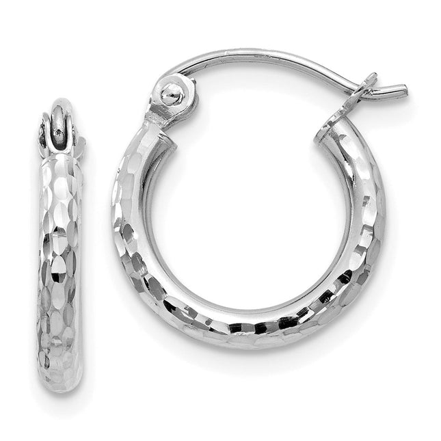 14k White Gold Diamond-cut Round Tube Hoop Earrings, 13 x 2mm