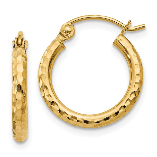 14k Diamond-cut Round Tube Hoop Earrings, 15 x 2mm
