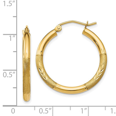 14K Satin and Diamond-cut Round Hoop Earrings, 24 x 2.5mm
