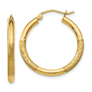 14k Satin and Diamond-cut Round Hoop Earrings (Style TC244)