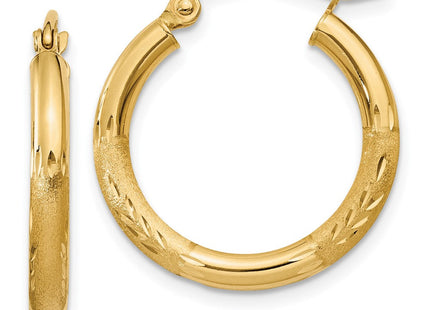 14k Satin and Diamond-cut Round Hoop Earrings (Style TC245)