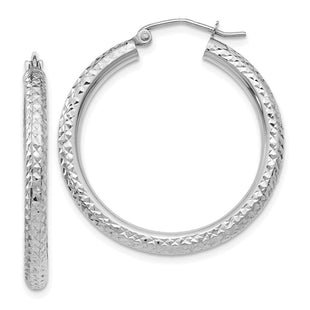 14k White Gold Diamond-cut Round Hoop Earrings (Style TC252)