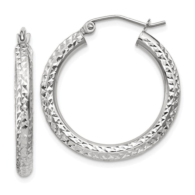 14k White Gold Diamond-cut Round Hoop Earrings, 25 x 3mm