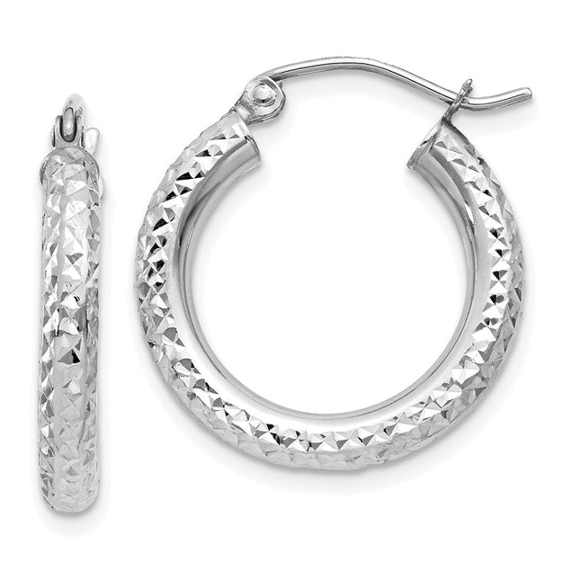 14k White Gold Diamond-cut Round Hoop Earrings, 20 x 3mm
