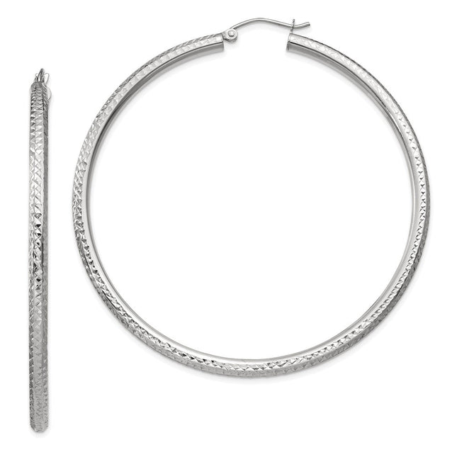 14k White Gold Diamond-cut Round Hoop Earrings, 60 x 3mm