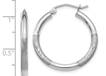 14k White Gold Satin and Diamond-cut Round Hoop Earrings (Style TC277)