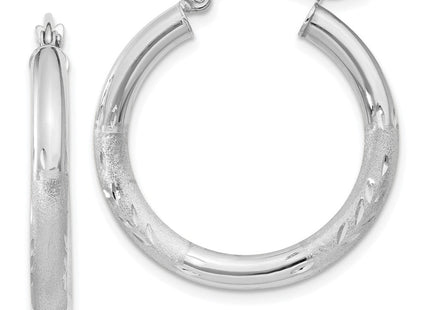 14k White Gold Satin and Diamond-cut Round Hoop Earrings (Style TC277)