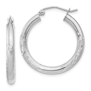 14k White Gold Satin and Diamond-cut Round Hoop Earrings (Style TC277)
