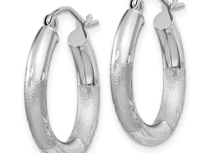 14k White Gold Satin and Diamond-cut Round Hoop Earrings (Style TC278)