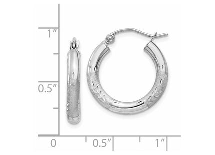 14k White Gold Satin and Diamond-cut Round Hoop Earrings (Style TC278)