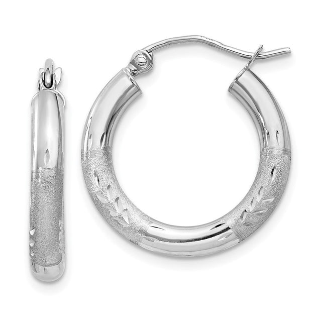 14k White Gold Satin and Diamond-cut Round Hoop Earrings, 15 x 3mm