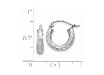 14k White Gold Satin and Diamond-cut Round Hoop Earrings (Style TC280)