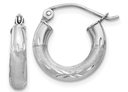 14k White Gold Satin and Diamond-cut Round Hoop Earrings (Style TC280)