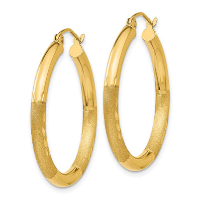 14K Satin and Diamond-cut Round Hoop Earrings, 30 x 3mm