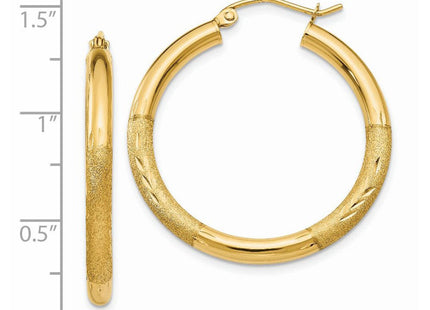 14k Satin and Diamond-cut Round Hoop Earrings (Style TC288)