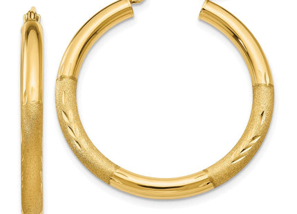 14k Satin and Diamond-cut Round Hoop Earrings (Style TC288)