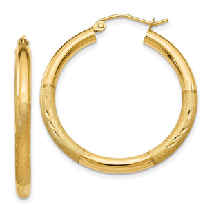 14k Satin and Diamond-cut Round Hoop Earrings (Style TC288)
