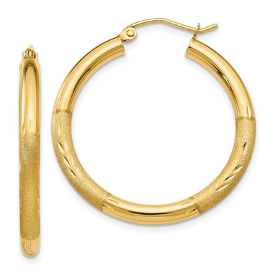 14K Satin and Diamond-cut Round Hoop Earrings, 30 x 3mm