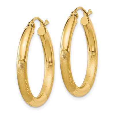 14K Satin and Diamond-cut Round Hoop Earrings, 25 x 3mm
