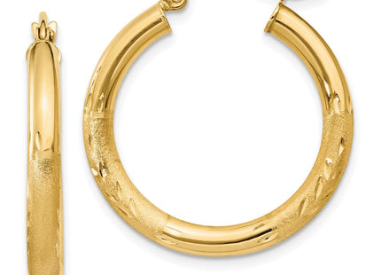 14k Satin and Diamond-cut Round Hoop Earrings (Style TC289)