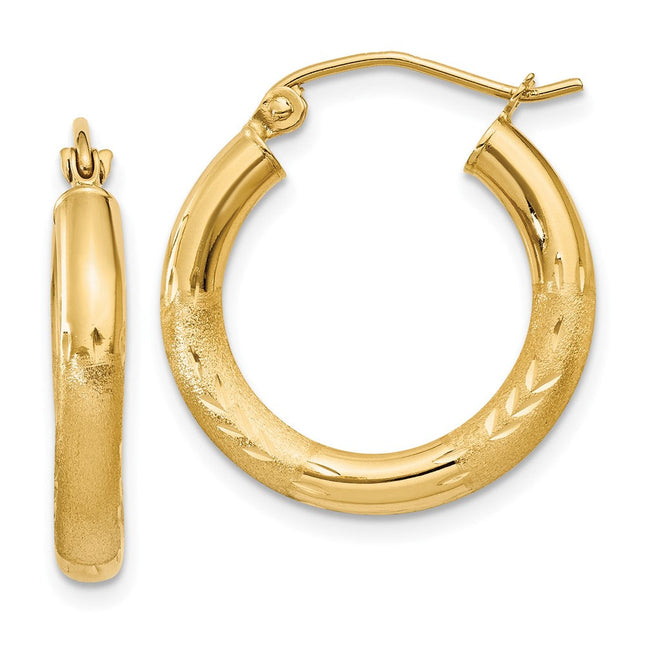 14k Satin and Diamond-cut Round Hoop Earrings, 20 x 3mm