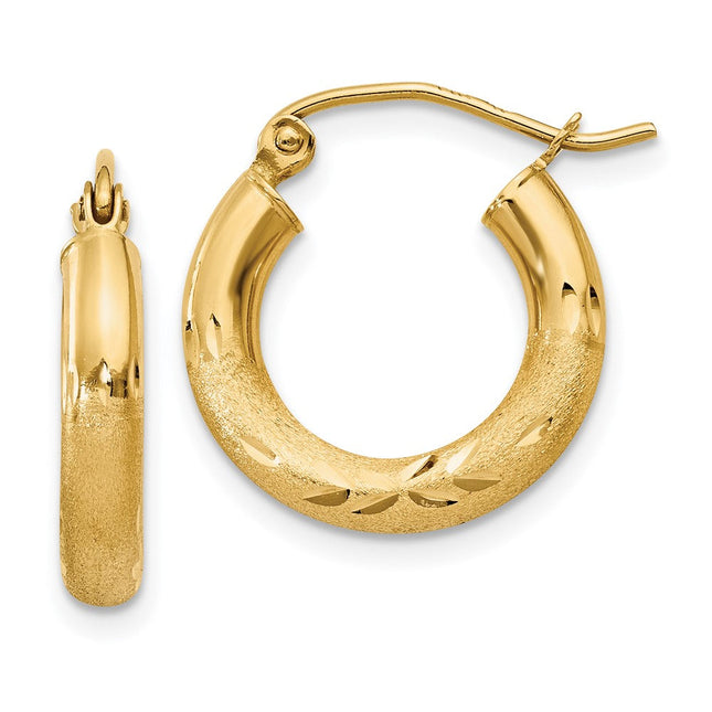 14k Satin and Diamond-cut Round Hoop Earrings, 16 x 3mm