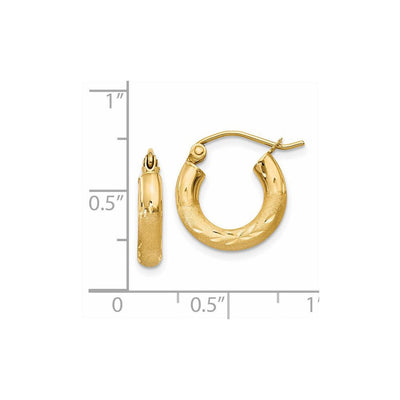 14K Satin and Diamond-cut Round Hoop Earrings, 14 x 3mm