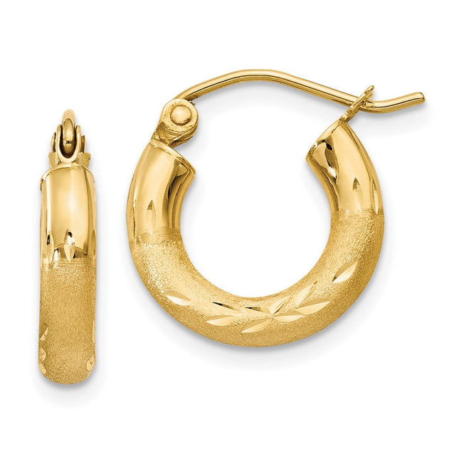 14k Satin and Diamond-cut Round Hoop Earrings, 14 x 3mm
