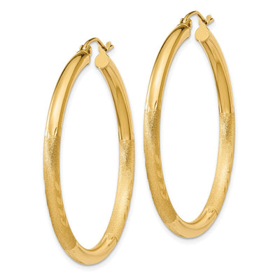 14K Satin and Diamond-cut Round Hoop Earrings, 40 x 3mm