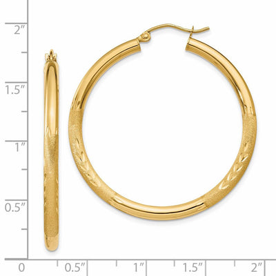 14K Satin and Diamond-cut Round Hoop Earrings, 40 x 3mm
