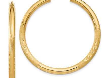 14k Satin and Diamond-cut Round Hoop Earrings (Style TC293)