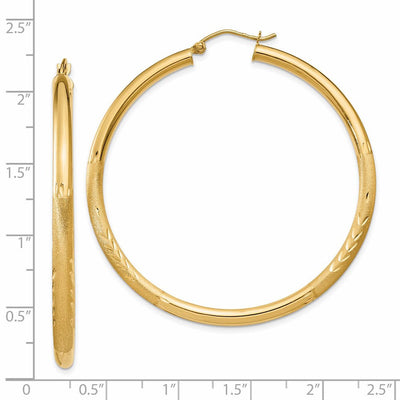14K Satin and Diamond-cut Round Hoop Earrings, 50 x 3mm