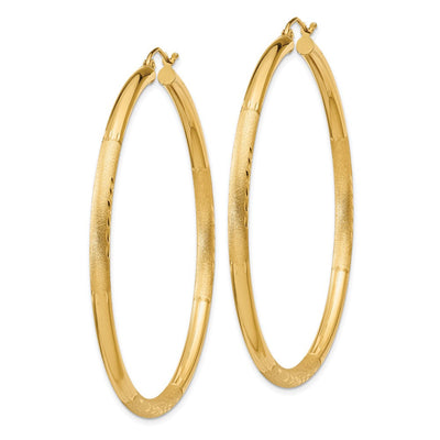 14K Satin and Diamond-cut Round Hoop Earrings, 55 x 3mm