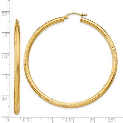 14K Satin and Diamond-cut Round Hoop Earrings, 55 x 3mm