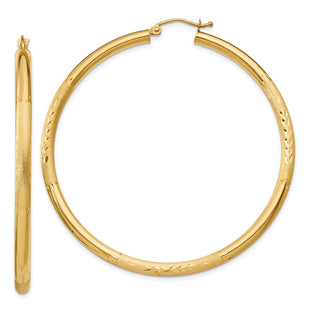 14k Satin and Diamond-cut Round Hoop Earrings (Style TC296)