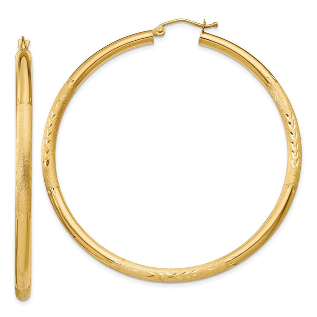 14k Satin and Diamond-cut Round Hoop Earrings, 55 x 3mm