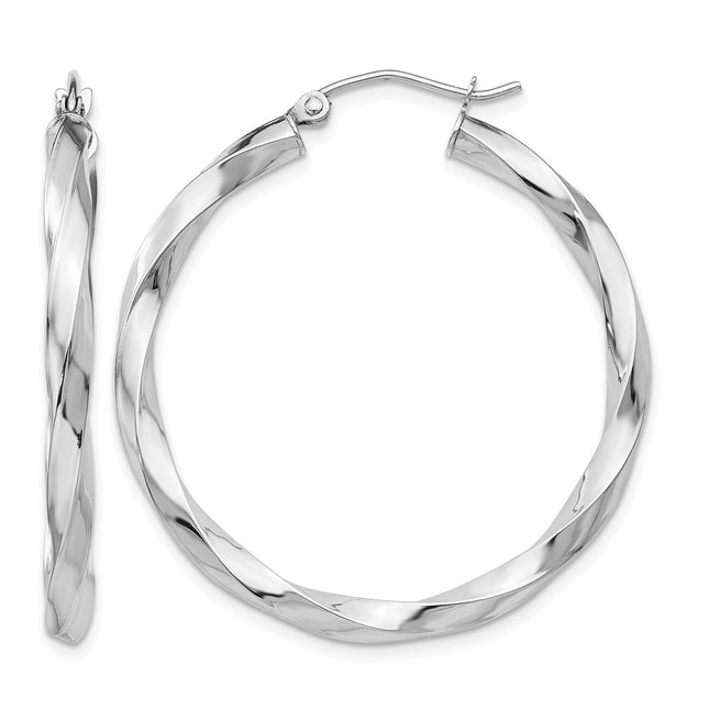 14k White Gold Twisted Hoop Earrings, 35.5 x 3mm