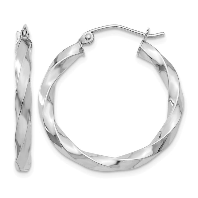 14k White Gold Twisted Hoop Earrings, 26 x 3mm